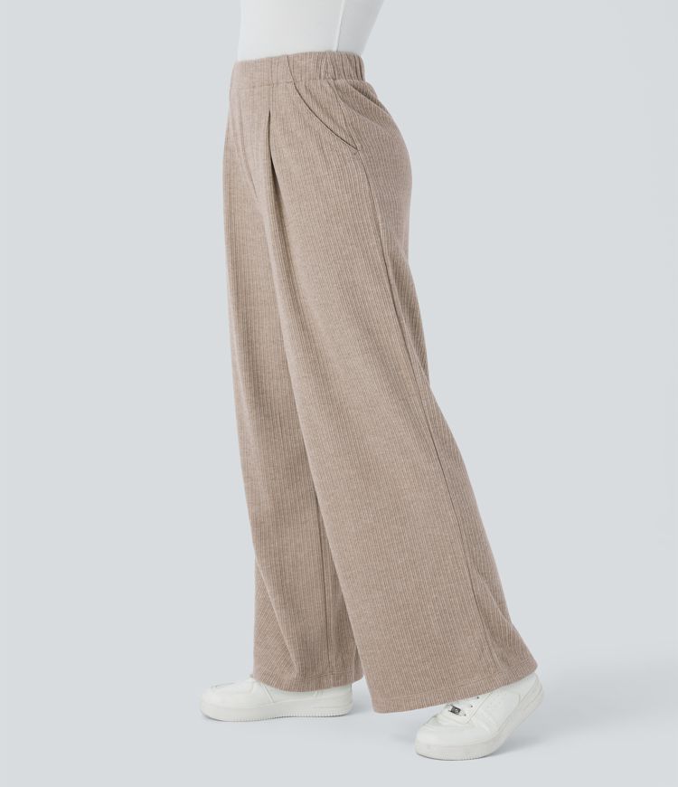 Wide leg trousers with side pocket, pleats, high waist, ribbed