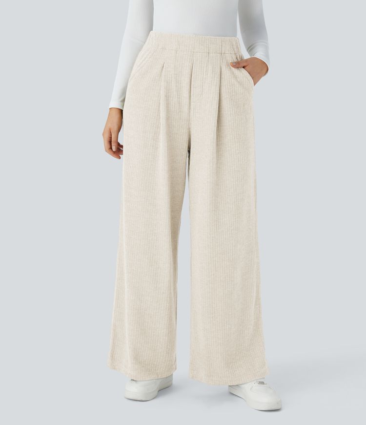 Pantalón pierna ancha bolsillo lateral plisado tiro alto canalé