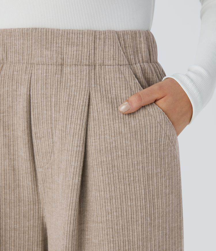 Wide leg trousers with side pocket, pleats, high waist, ribbed