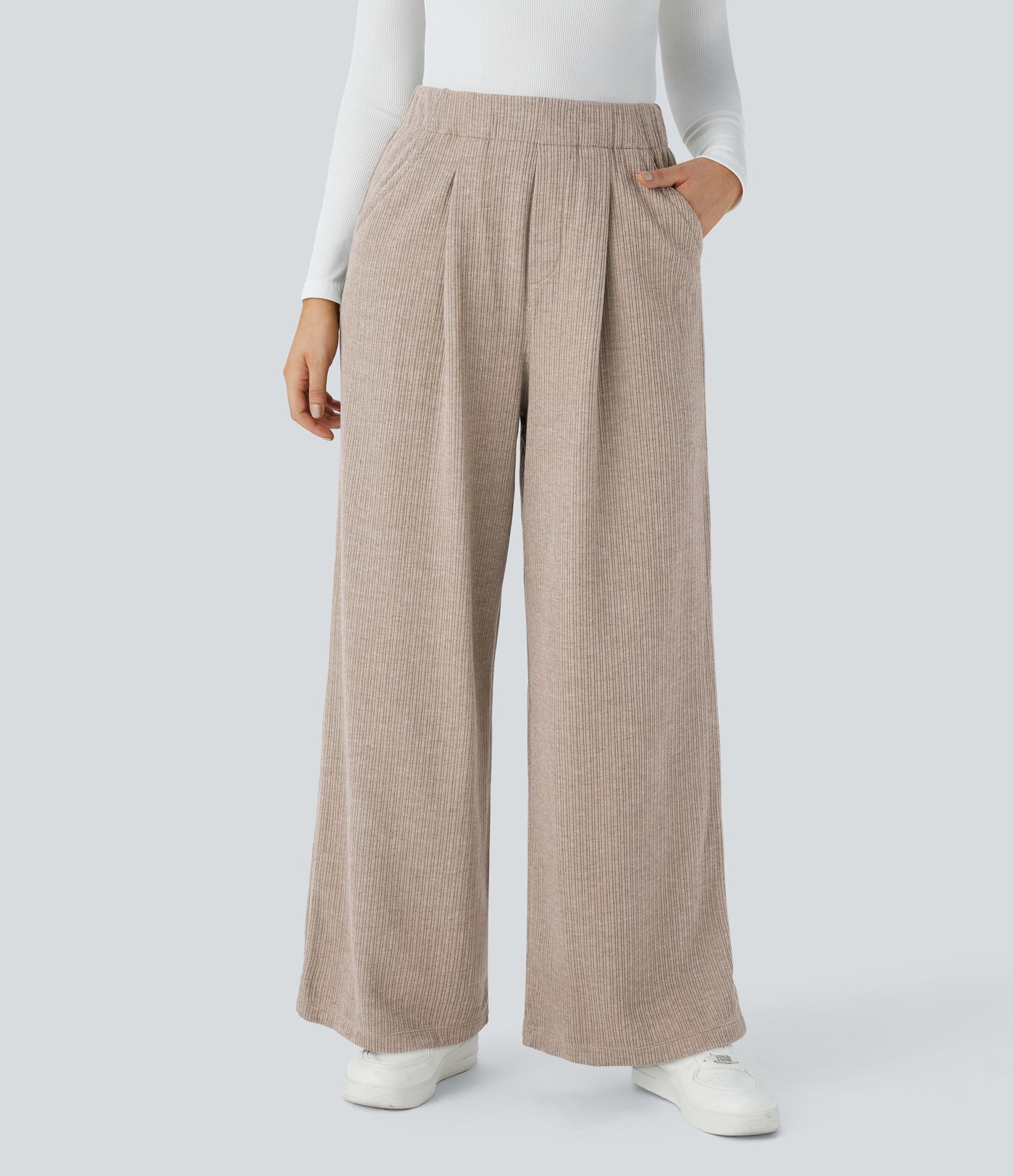 Wide leg trousers with side pocket, pleats, high waist, ribbed