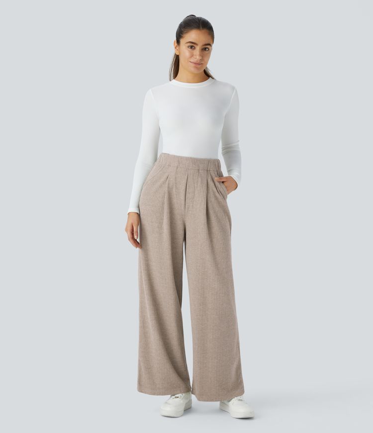 Wide leg trousers with side pocket, pleats, high waist, ribbed
