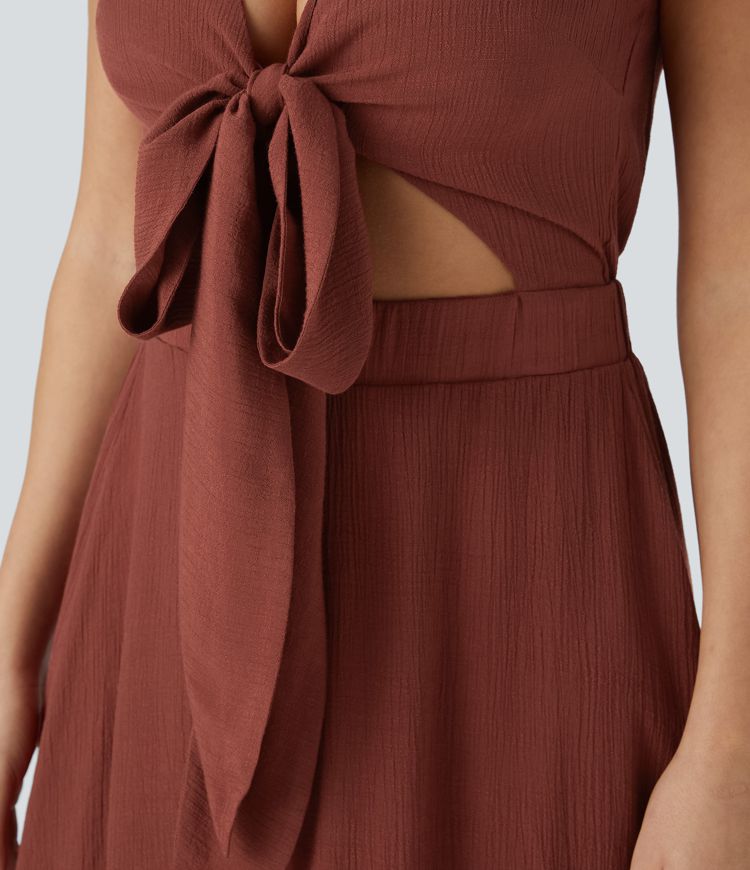 Vestido a media pierna cuello en V manga corta cordones fluido