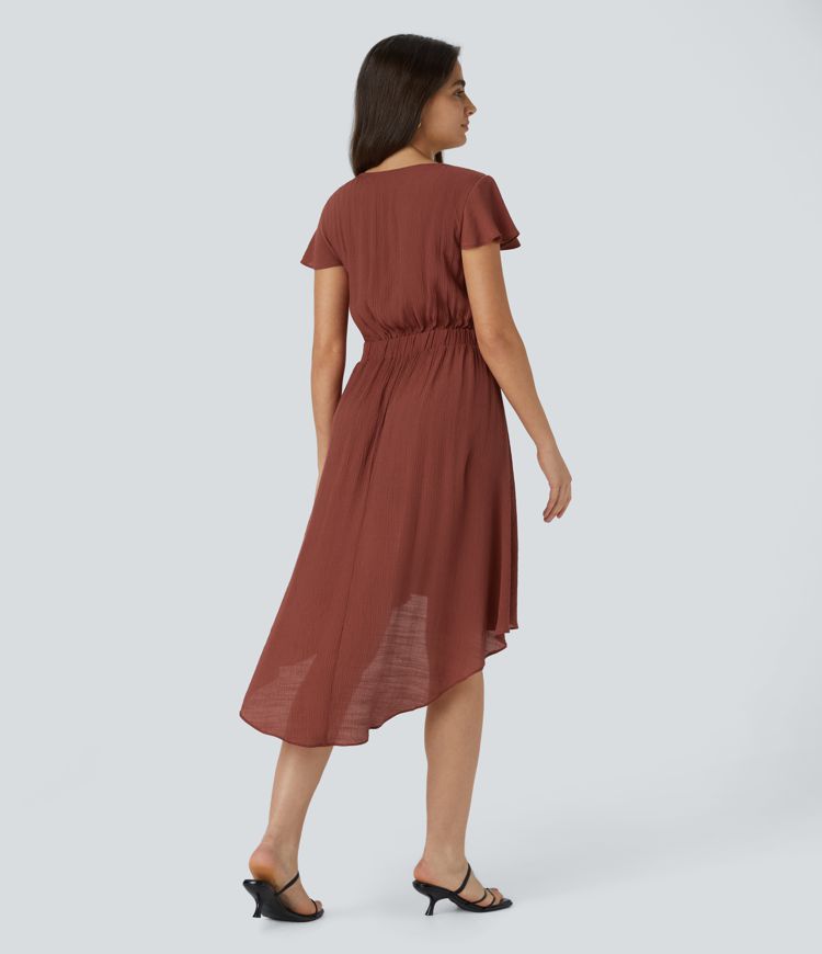 Vestido a media pierna cuello en V manga corta cordones fluido