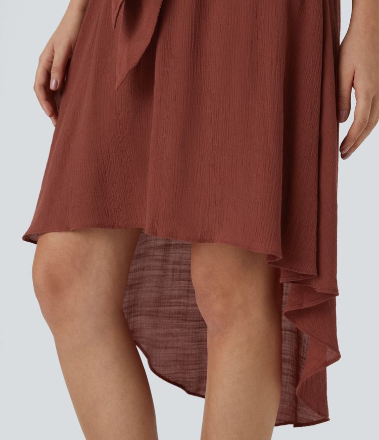 Vestido a media pierna cuello en V manga corta cordones fluido