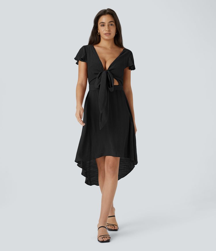 V Neck Short Sleeve Tie Front & Back Cut Out High Low Flowy Midi Casual Dress