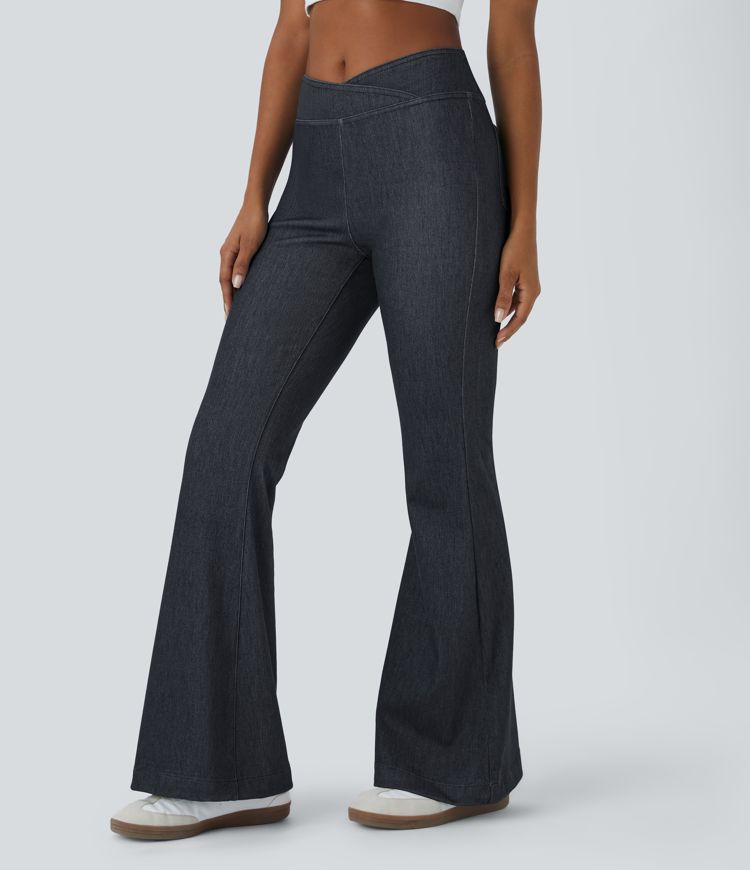 Halara Flex™ High Waisted Crossover Back Pocket Stretchy Knit Casual Flare Jeans