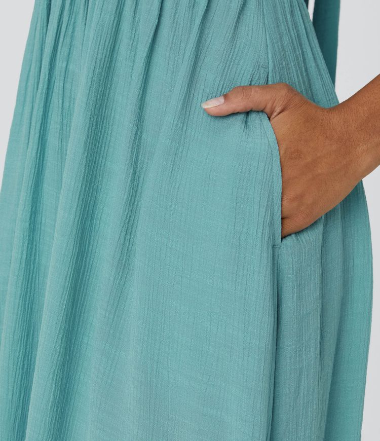 Deep V Neck Sleeveless Tie Back Cut Out Pocket Flowy Casual Midi Dress