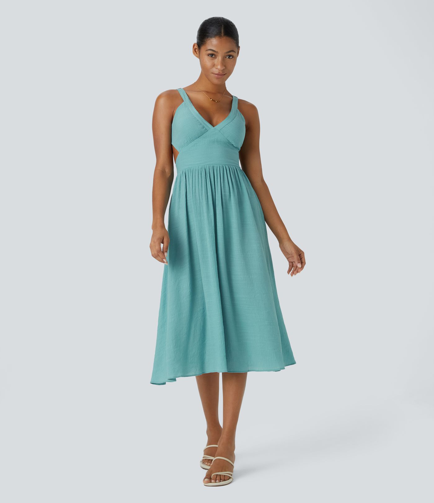 Deep V-Neck Sleeveless Backless Tie Back Cutout Side Pocket Flowy Casual Midi Dress