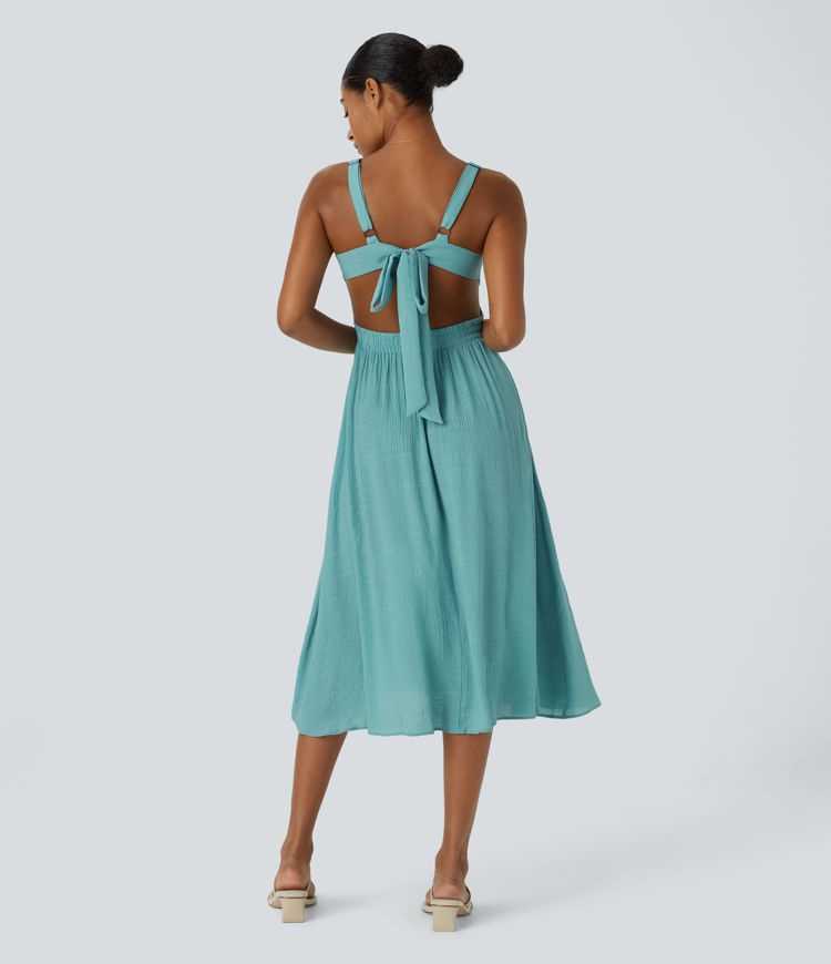 Deep V Neck Sleeveless Tie Back Cut Out Pocket Flowy Casual Midi Dress