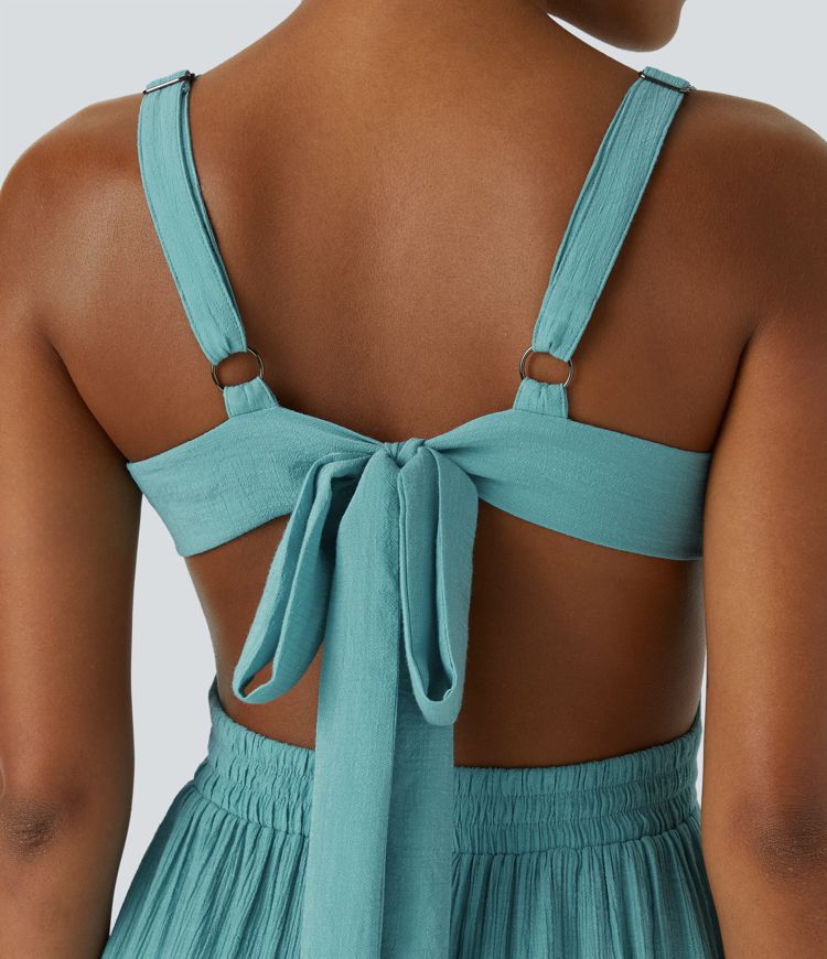 Deep V Neck Sleeveless Tie Back Cut Out Pocket Flowy Casual Midi Dress