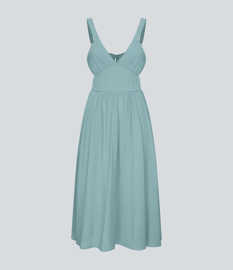 Deep V Neck Sleeveless Tie Back Cut Out Pocket Flowy Casual Midi Dress