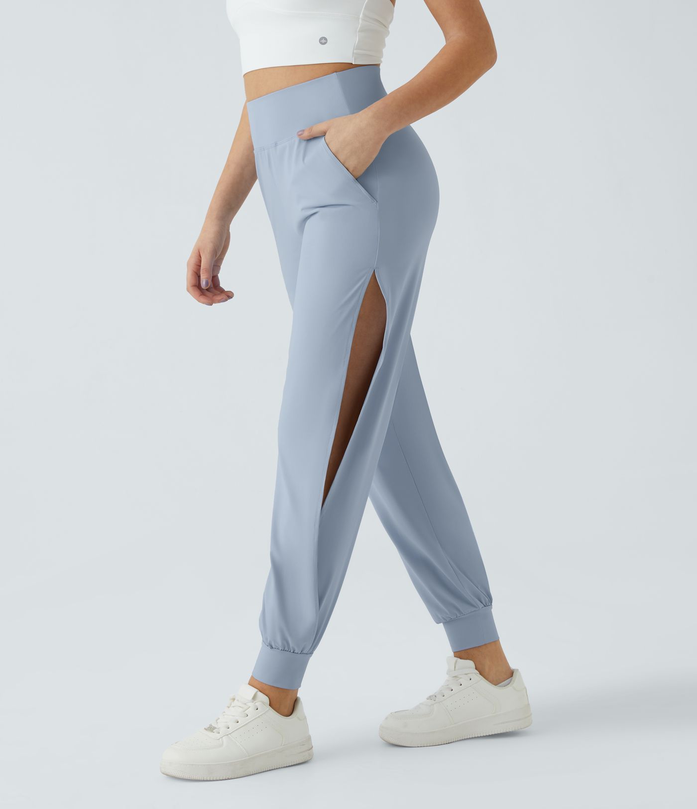 Jogging Casual Taille Haute avec Poches Latérales Découpées à Toucher Frais