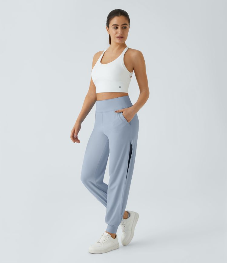 Jogging Casual Taille Haute avec Poches Latérales Découpées à Toucher Frais