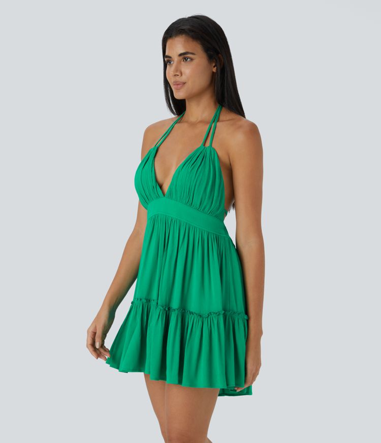 Halter Backless Tie Back Frill Ruffle Hem 2-in-1 Flowy Mini Linen-Feel Casual Dress