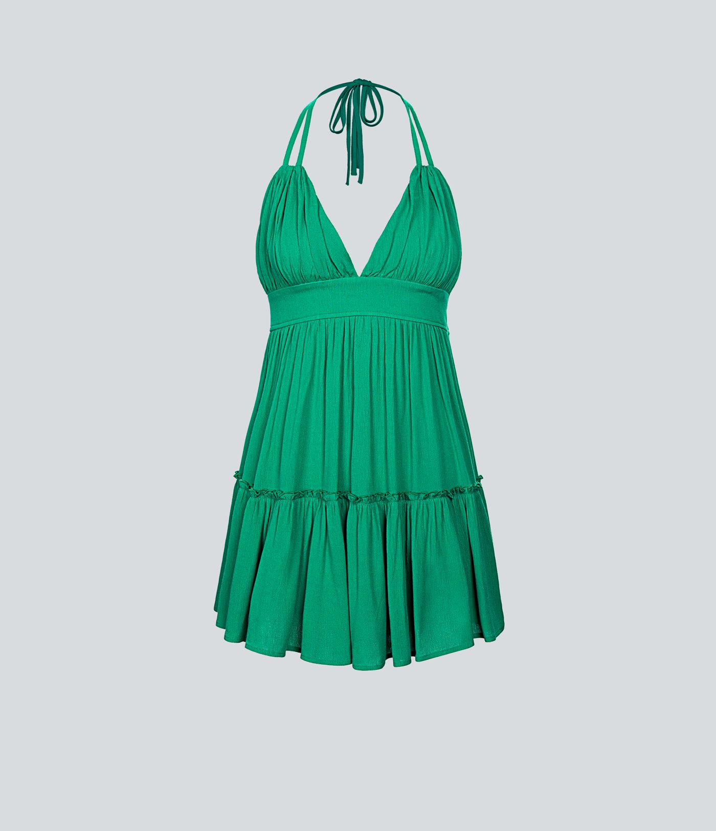 홀터넥 백리스 뒤로 묶는 주름 프릴 러플 밑단 2-in-1 플로위 미니 린넨 느낌 캐주얼 원피스