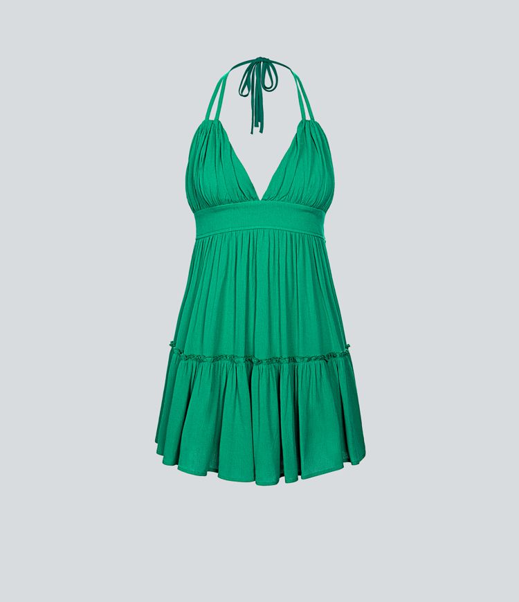 Halter Backless Tie Back Frill Ruffle Hem 2-in-1 Flowy Mini Linen-Feel Casual Dress