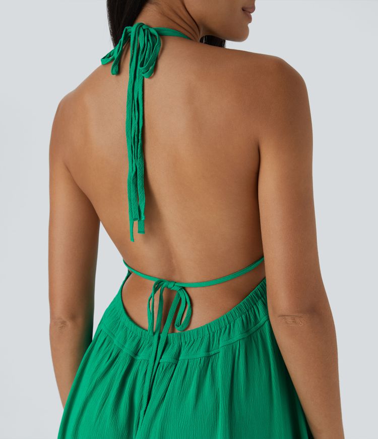 Halter Backless Tie Back Frill Ruffle Hem 2-in-1 Flowy Mini Linen-Feel Casual Dress