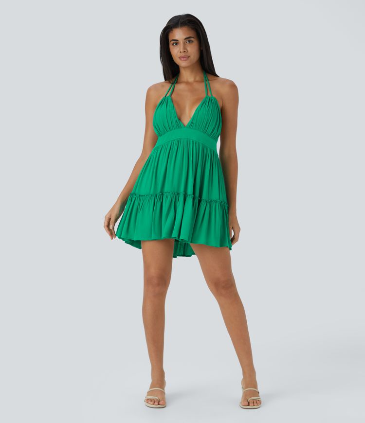 Halter Backless Tie Back Frill Ruffle Hem 2-in-1 Flowy Mini Linen-Feel Casual Dress