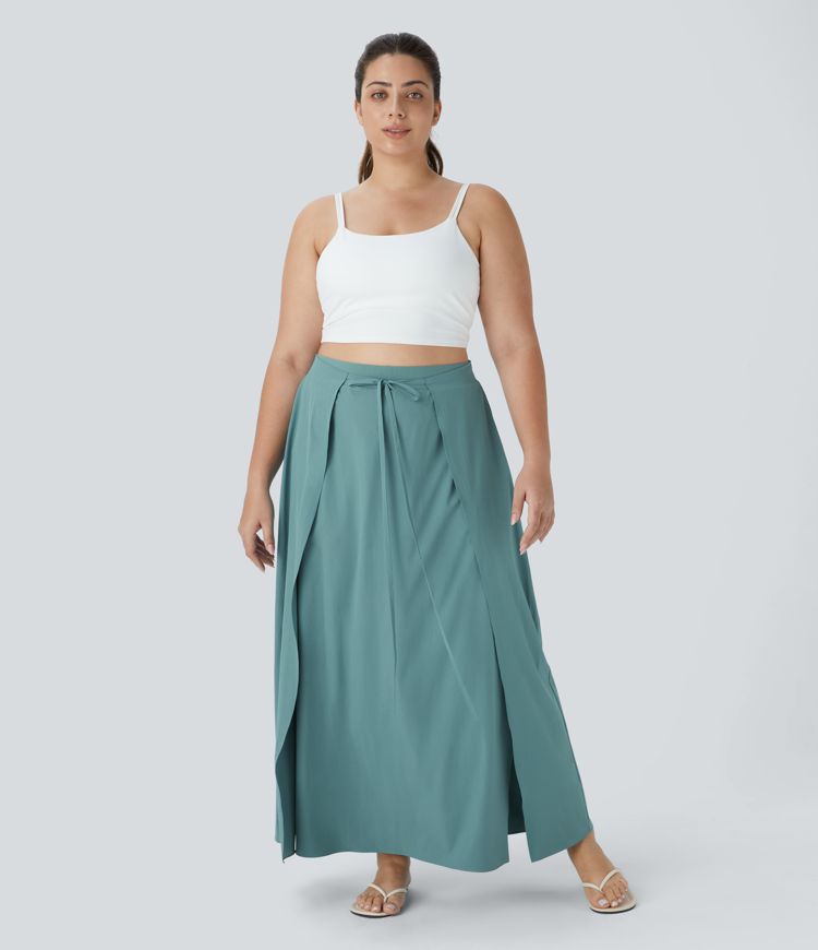 Breezeful™ Jupe Maxi Grande Taille 2-en-1 Fluide à Taille Haute avec Nœud Devant Fente et Séchage Rapide