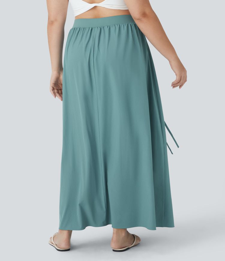 Breezeful™ Jupe Maxi Grande Taille 2-en-1 Fluide à Taille Haute avec Nœud Devant Fente et Séchage Rapide