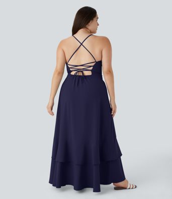 Breezeful™ Lace Up Side Zipper Ruffle Hem Maxi Quick Dry Casual Plus Size Dress