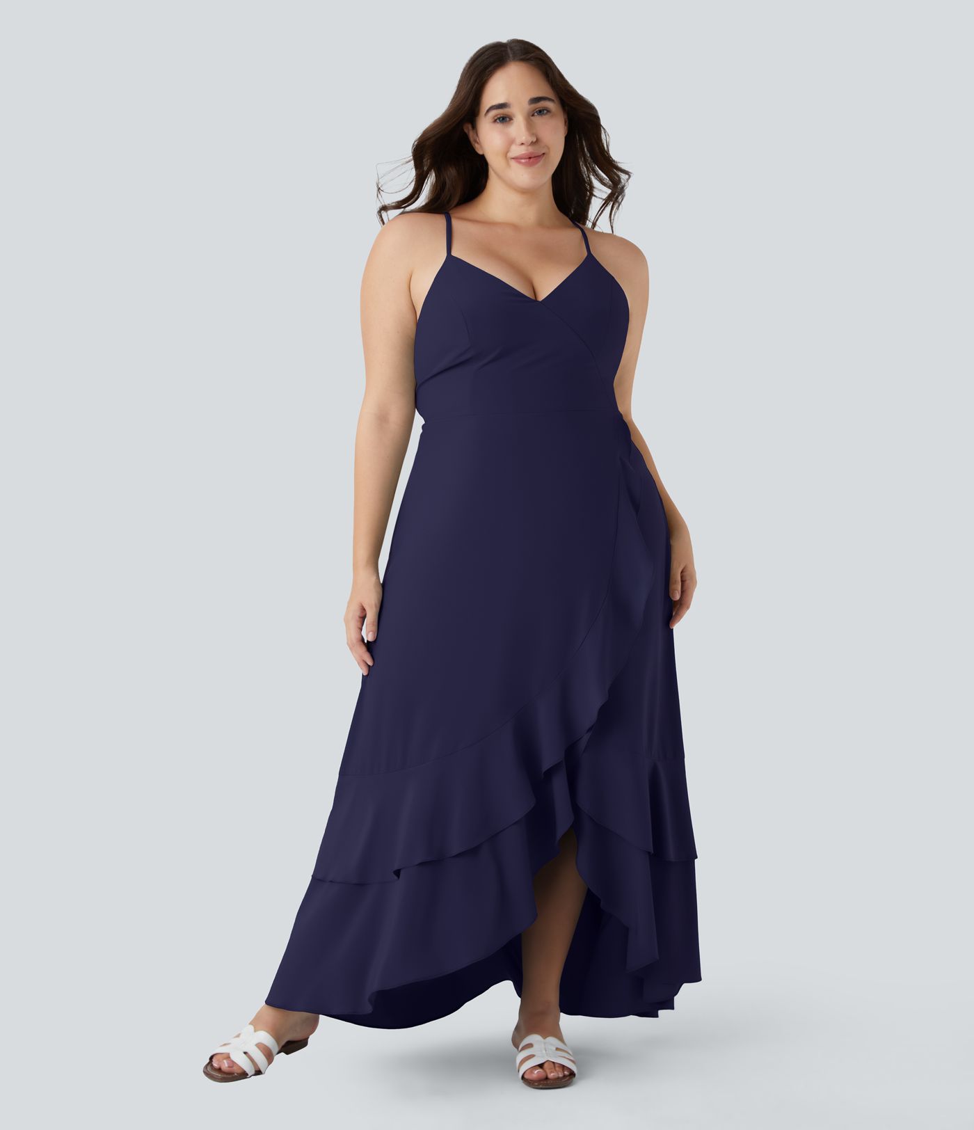 Breezeful™ Lace Up Side Zipper Ruffle Hem Maxi Quick Dry Casual Plus Size Dress