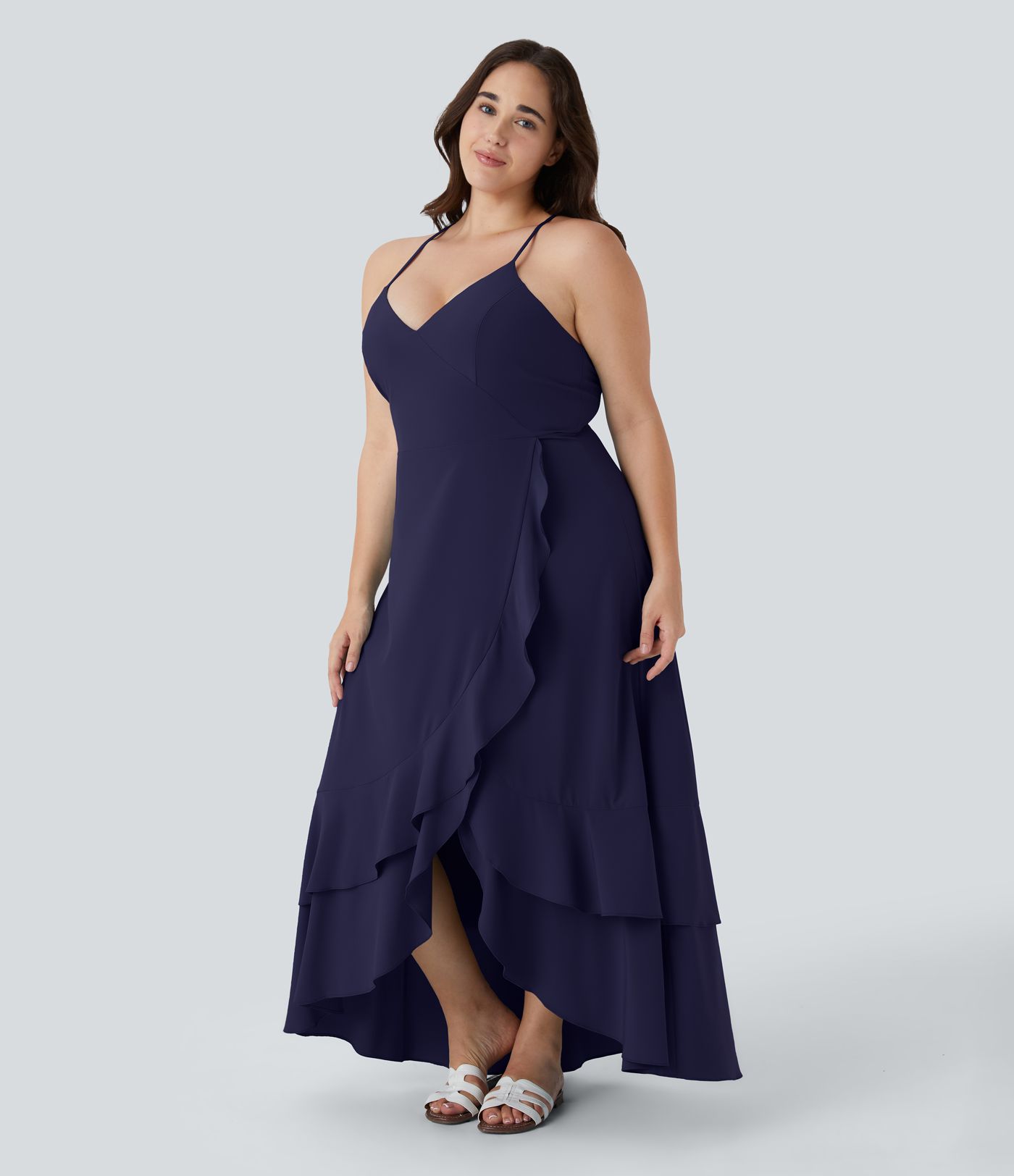 Breezeful™ Lace Up Side Zipper Ruffle Hem Maxi Quick Dry Casual Plus Size Dress