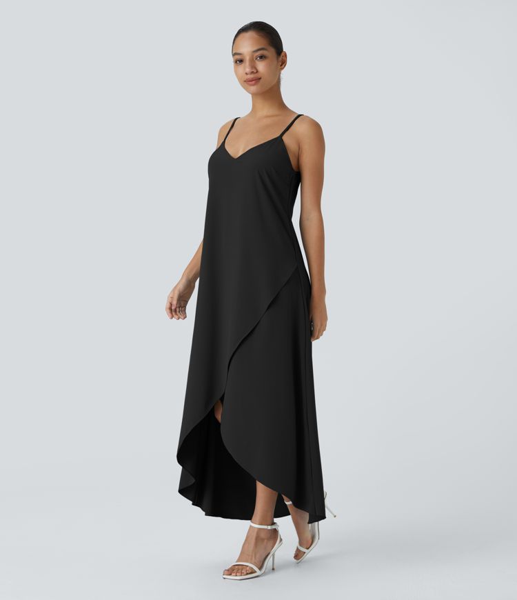 Breezeful™ Vestido maxi correa ajustable escote en V sin espalda dobladillo cruzado asimétrico secado rápido fluido