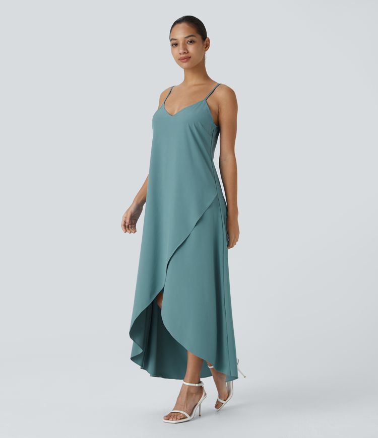 Breezeful™ Vestido maxi correa ajustable escote en V sin espalda dobladillo cruzado asimétrico secado rápido fluido