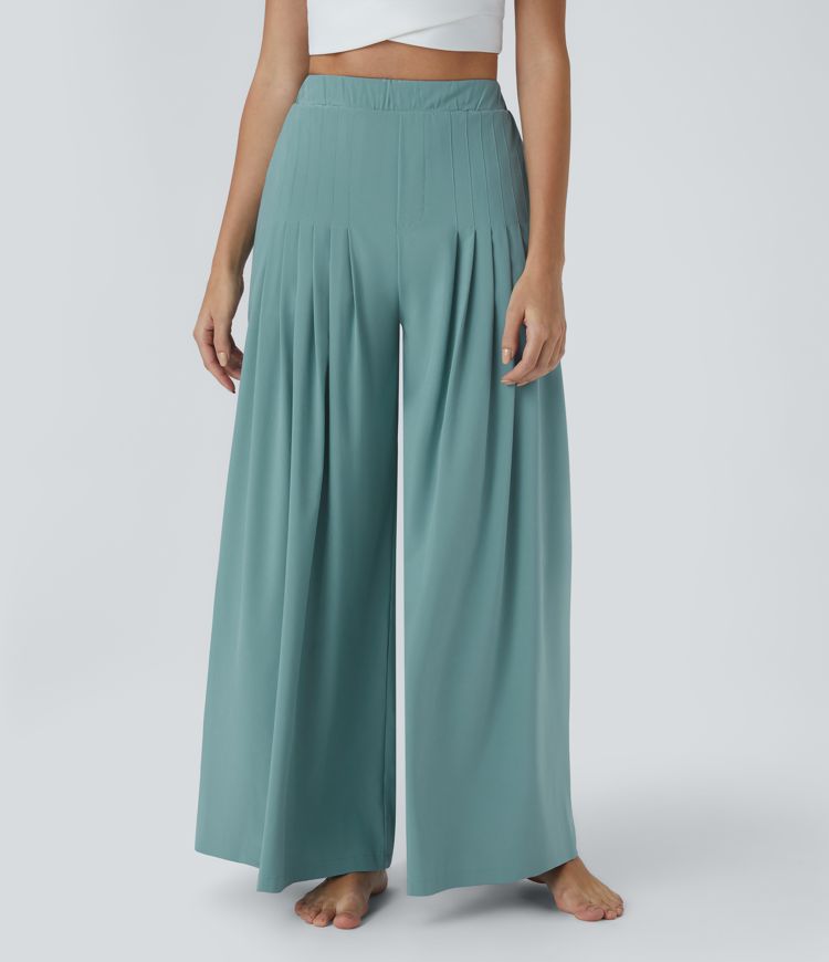Breezeful™ Mid Rise Pleated Side Pocket Plain Wide Leg Flowy Quick Dry Casual Pants