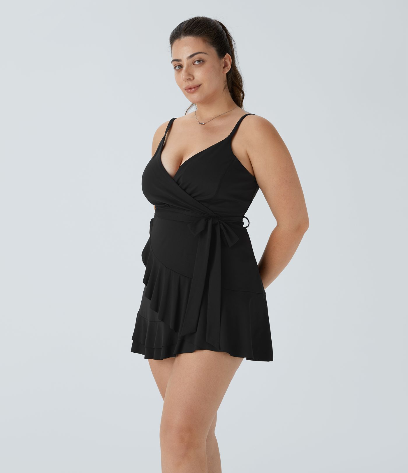 Minivestido fluido talla grande cuello V sin espalda correa ajustable lazo lateral volante bolsillo lateral 2 piezas