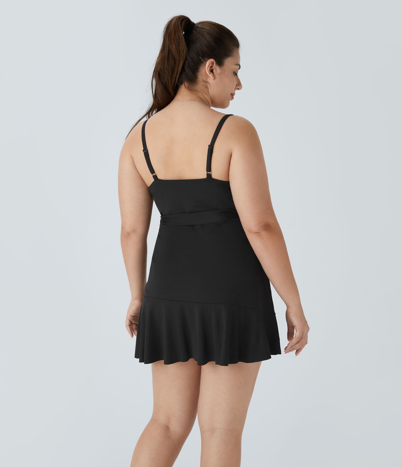 Minivestido fluido talla grande cuello V sin espalda correa ajustable lazo lateral volante bolsillo lateral 2 piezas