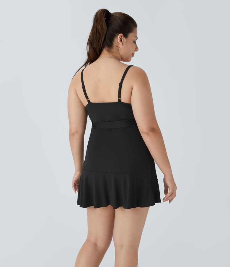 Minivestido fluido talla grande cuello V sin espalda correa ajustable lazo lateral volante bolsillo lateral 2 piezas