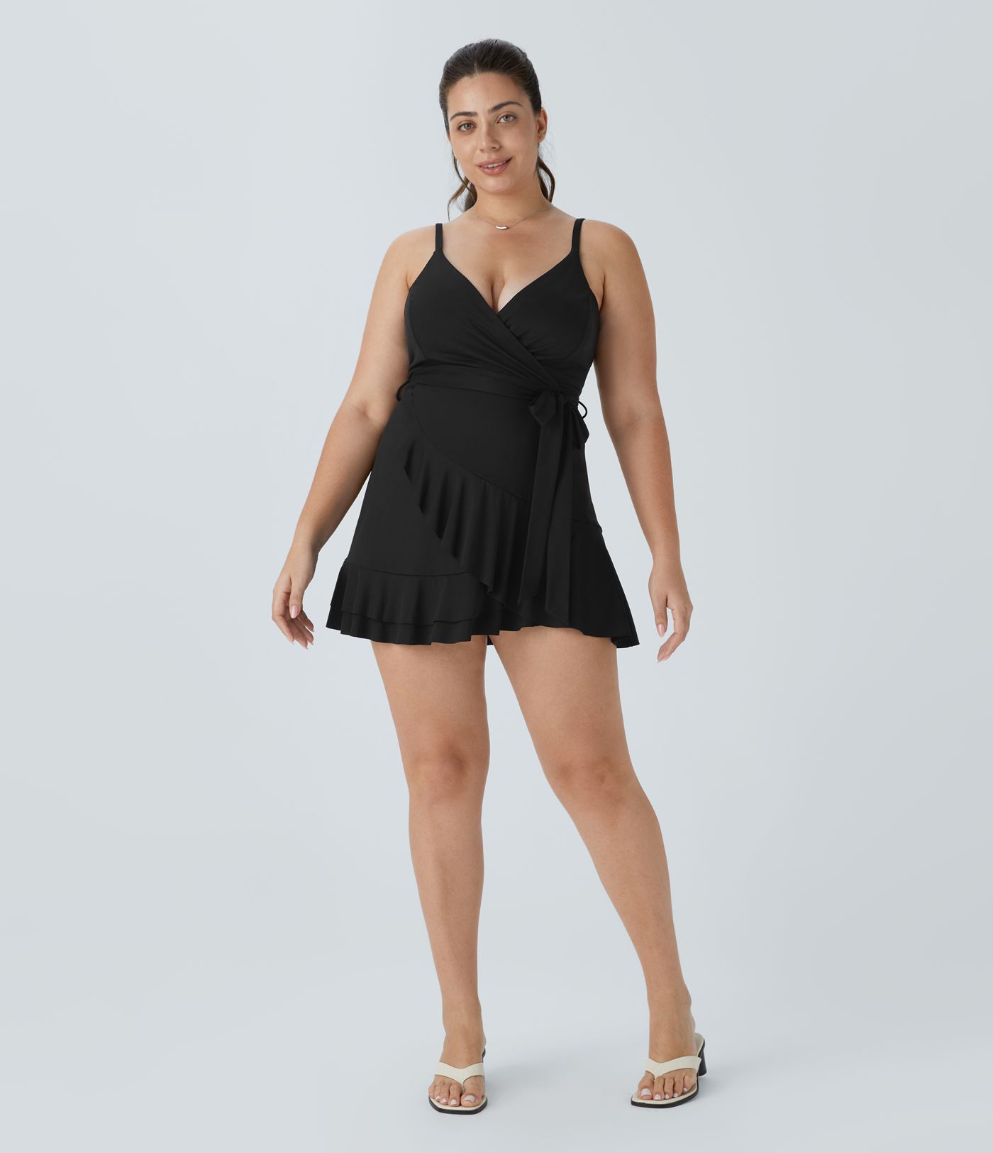 Minivestido fluido talla grande cuello V sin espalda correa ajustable lazo lateral volante bolsillo lateral 2 piezas