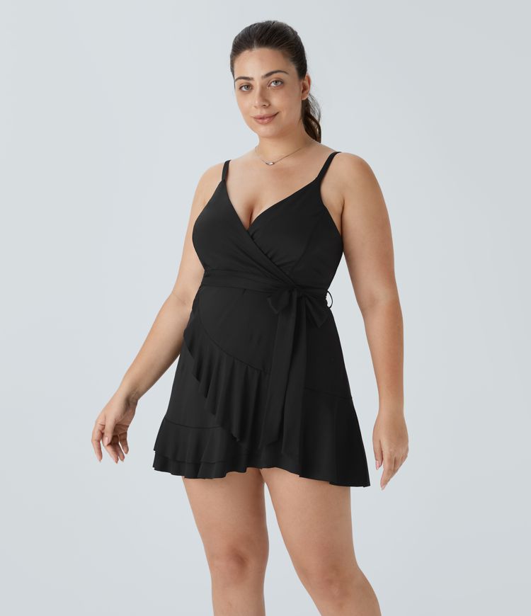 V Neck Tie Side Ruffle 2-Piece Pocket Flowy Mini Casual Plus Size Dress