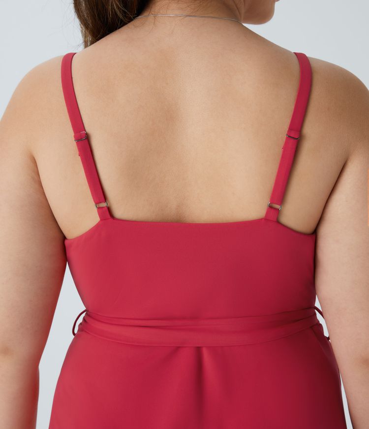 Robe Mini Casual Grande Taille 2-en-1 à Col en V Dos Nu Bretelles Ajustables Liens Latéraux Volants Poches Latérales et Fluide