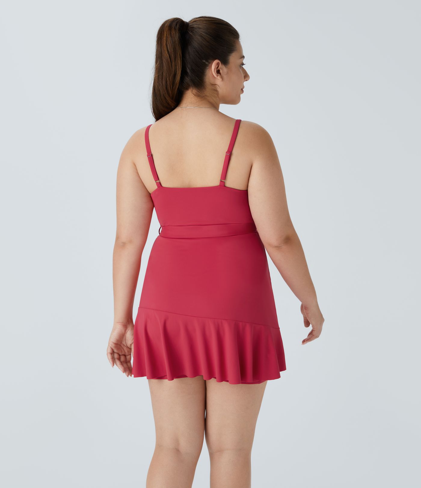 Plus-Size, rückenfreies, fließendes, 2-teiliges Minikleid mit V-Ausschnitt, verstellbaren Riemen, Rüschen, zweiteilig und Seitentaschen