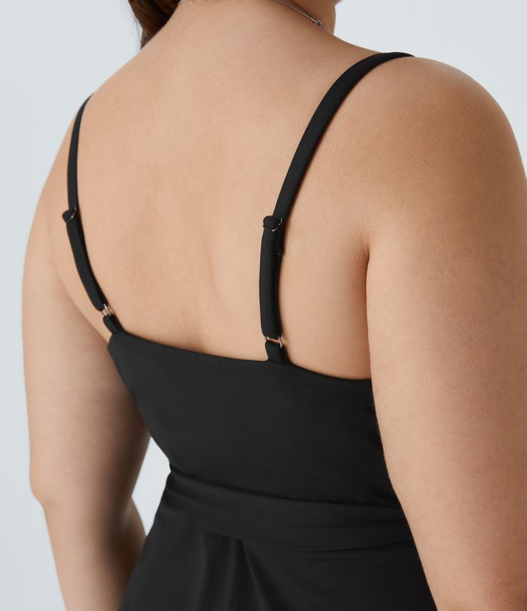 Minivestido fluido talla grande cuello V sin espalda correa ajustable lazo lateral volante bolsillo lateral 2 piezas