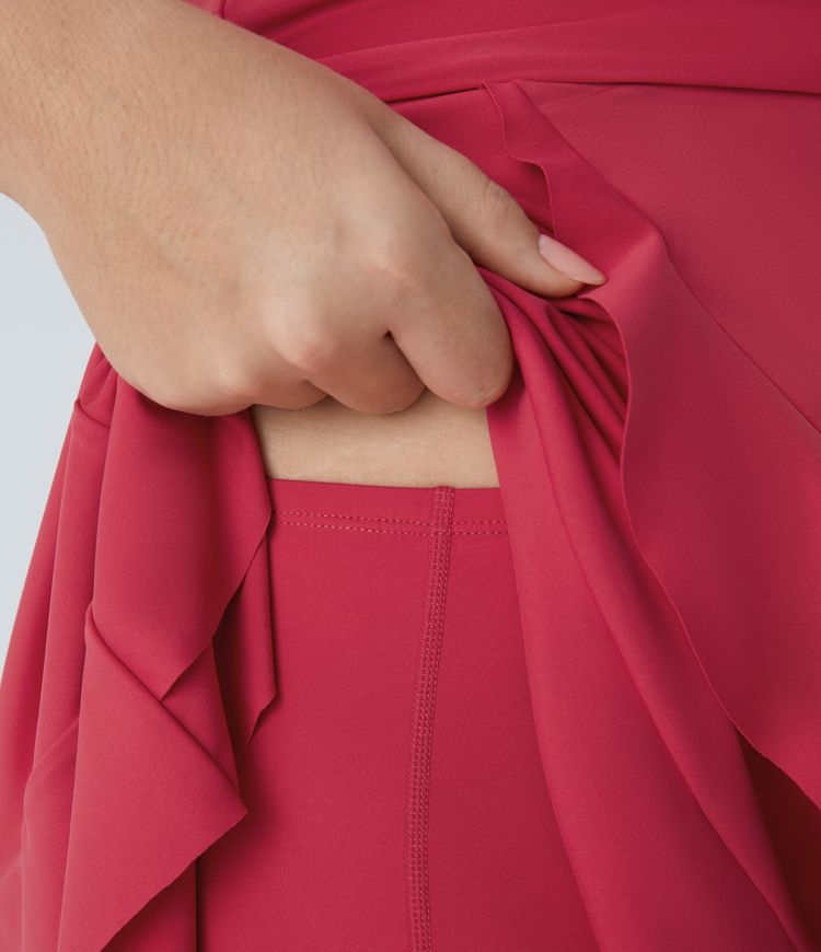 Robe Mini Casual Grande Taille 2-en-1 à Col en V Dos Nu Bretelles Ajustables Liens Latéraux Volants Poches Latérales et Fluide