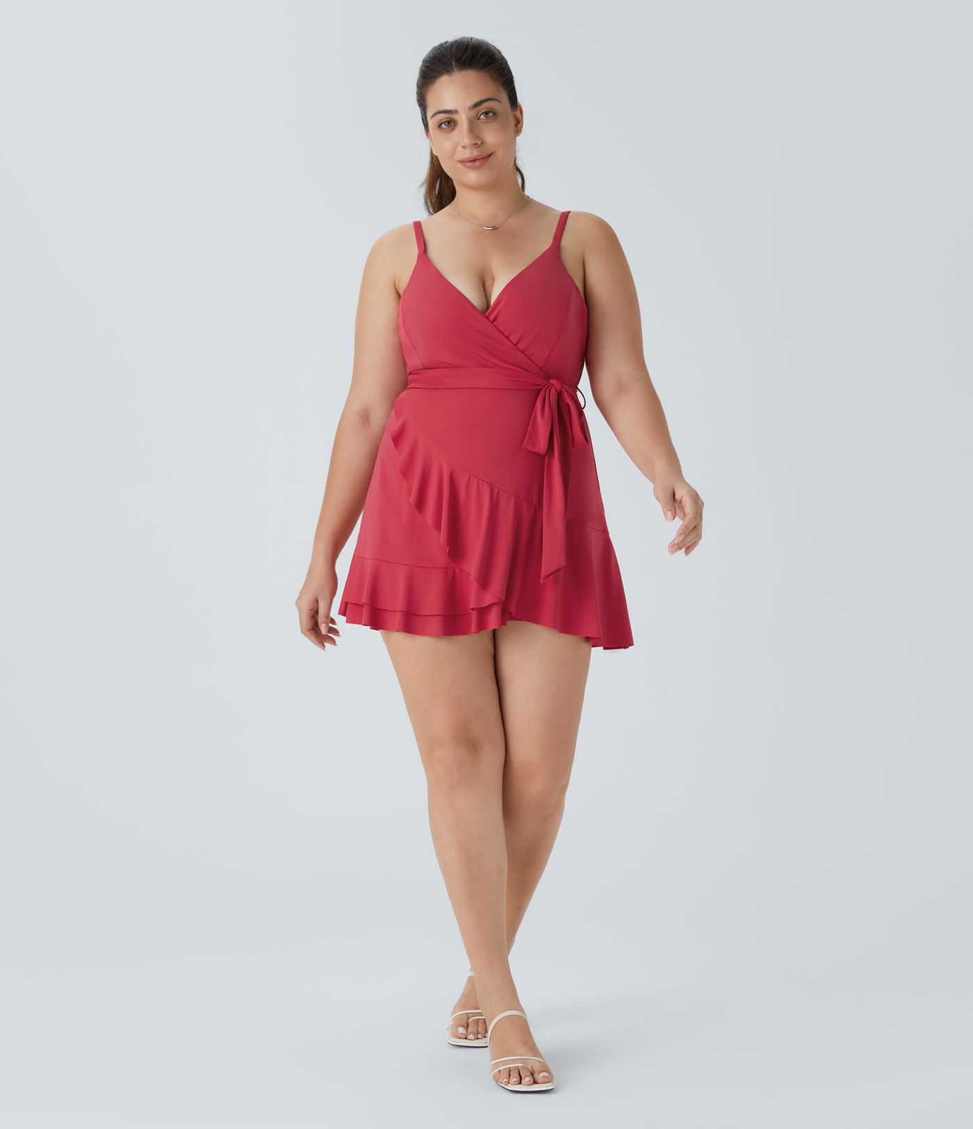Plus-Size, rückenfreies, fließendes, 2-teiliges Minikleid mit V-Ausschnitt, verstellbaren Riemen, Rüschen, zweiteilig und Seitentaschen