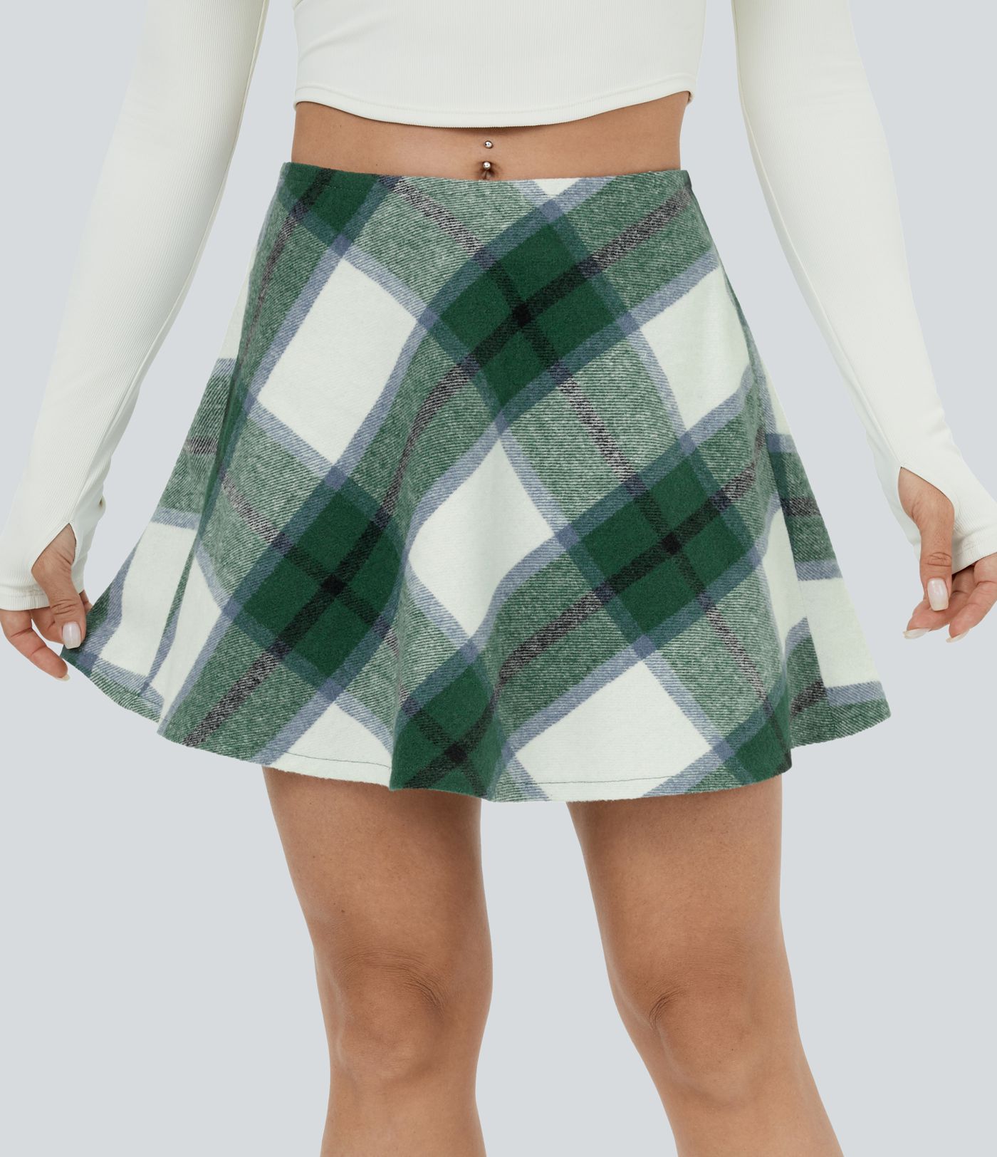 Mid Rise Side Zipper A Line 2-in-1 Plaid Thermal Mini Casual Skirt