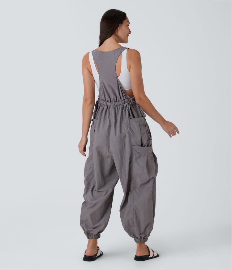 V Neck Sleeveless Drawstring Pockets Relax Cargo Jumpsuit