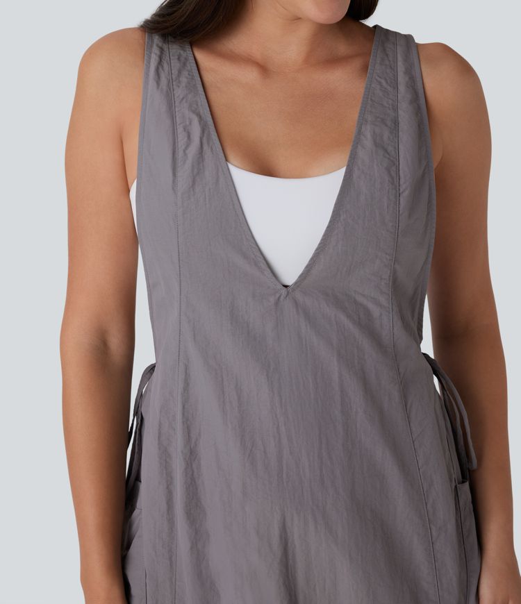 V Neck Sleeveless Drawstring Pockets Relax Cargo Jumpsuit