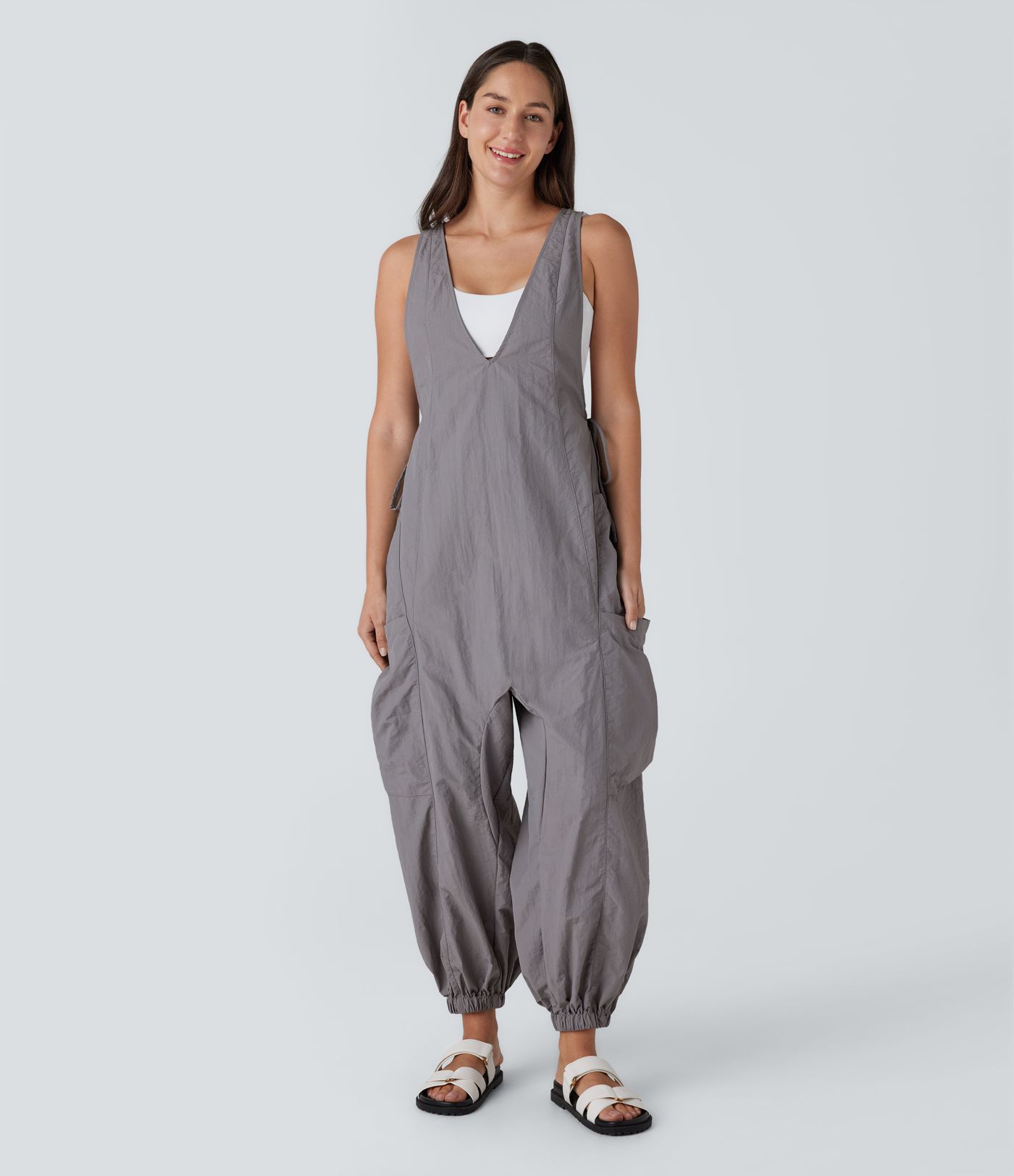 Combinaison Cargo Décontractée avec Col en V, Sans Manches, Cordon de Serrage et Poches