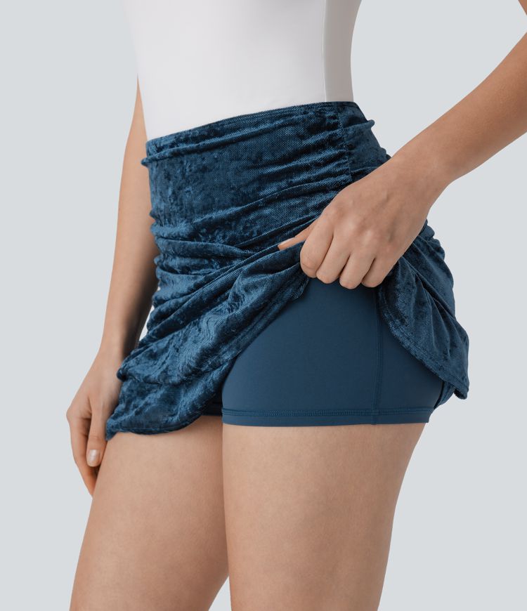 High Waisted Ruched Ruffle Hem 2-in-1 Velvet Mesh Overlay Bodycon Mini Skirt