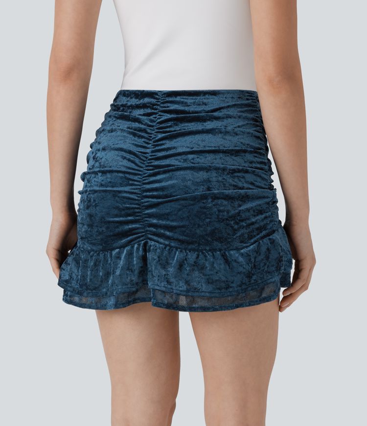 High Waisted Ruched Ruffle Hem 2-in-1 Velvet Mesh Overlay Bodycon Mini Skirt