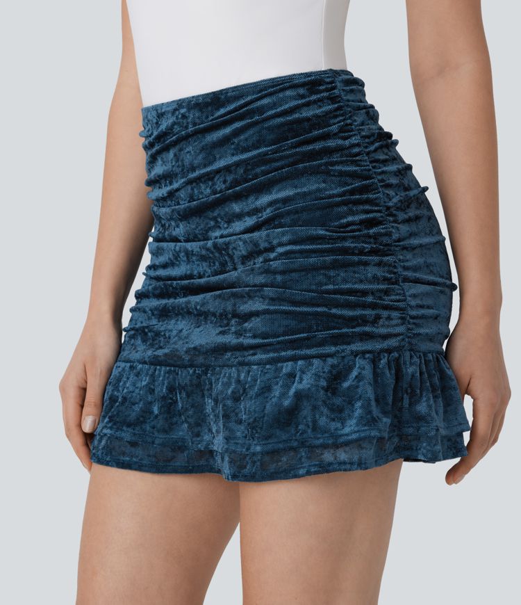 High Waisted Ruched Ruffle Hem 2-in-1 Velvet Mesh Overlay Bodycon Mini Skirt