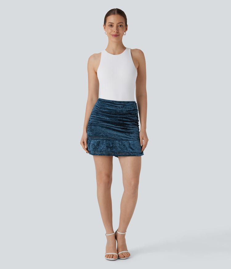 High Waisted Ruched Ruffle Hem 2-in-1 Velvet Mesh Overlay Bodycon Mini Skirt