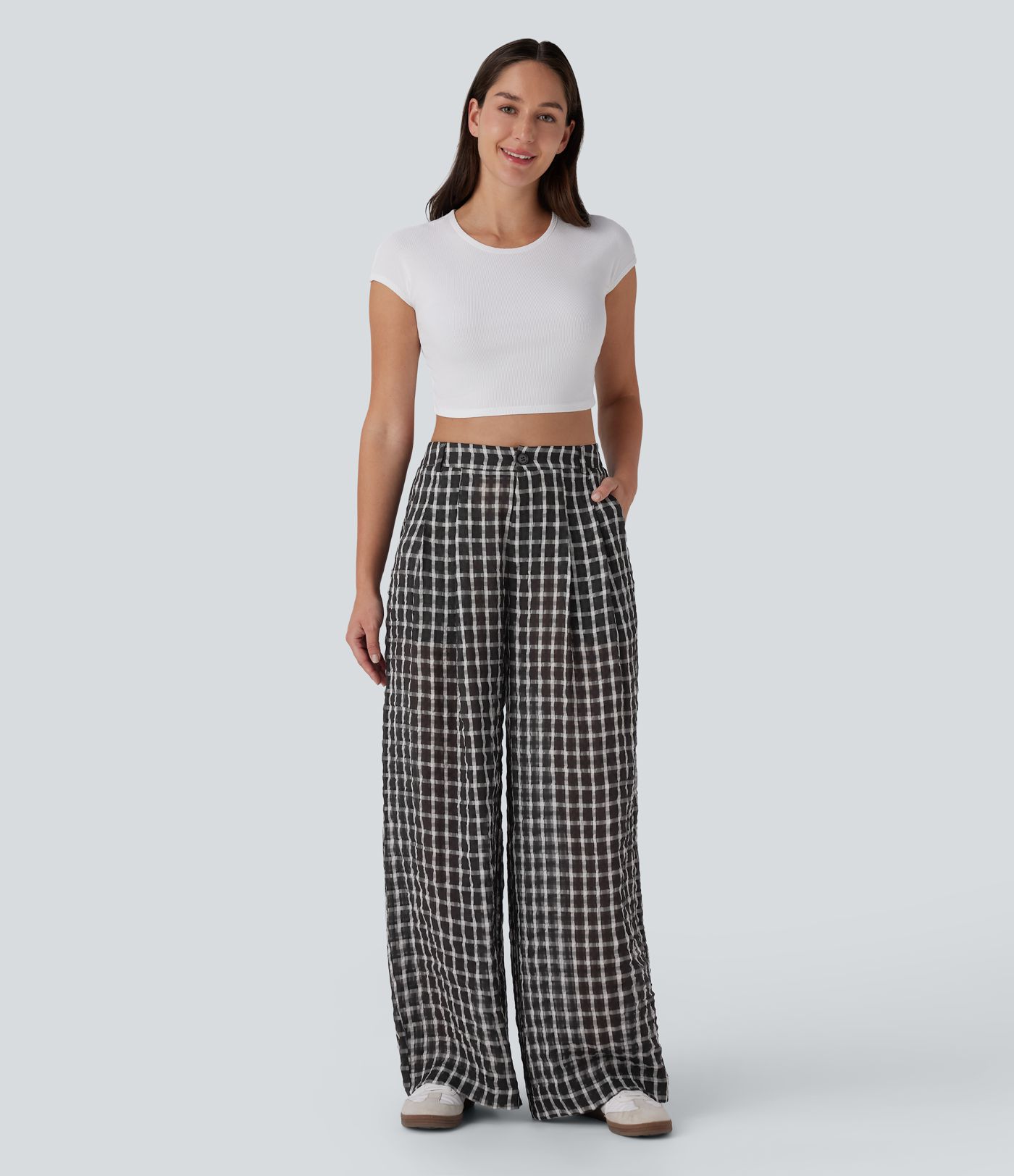 High Waisted Zipper Pocket Wide Leg Plaid Flowy Casual Pants