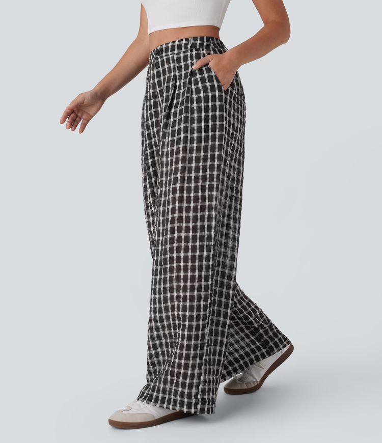 High Waisted Button Zipper Side Pocket Wide Leg Plaid Flowy Casual Pants